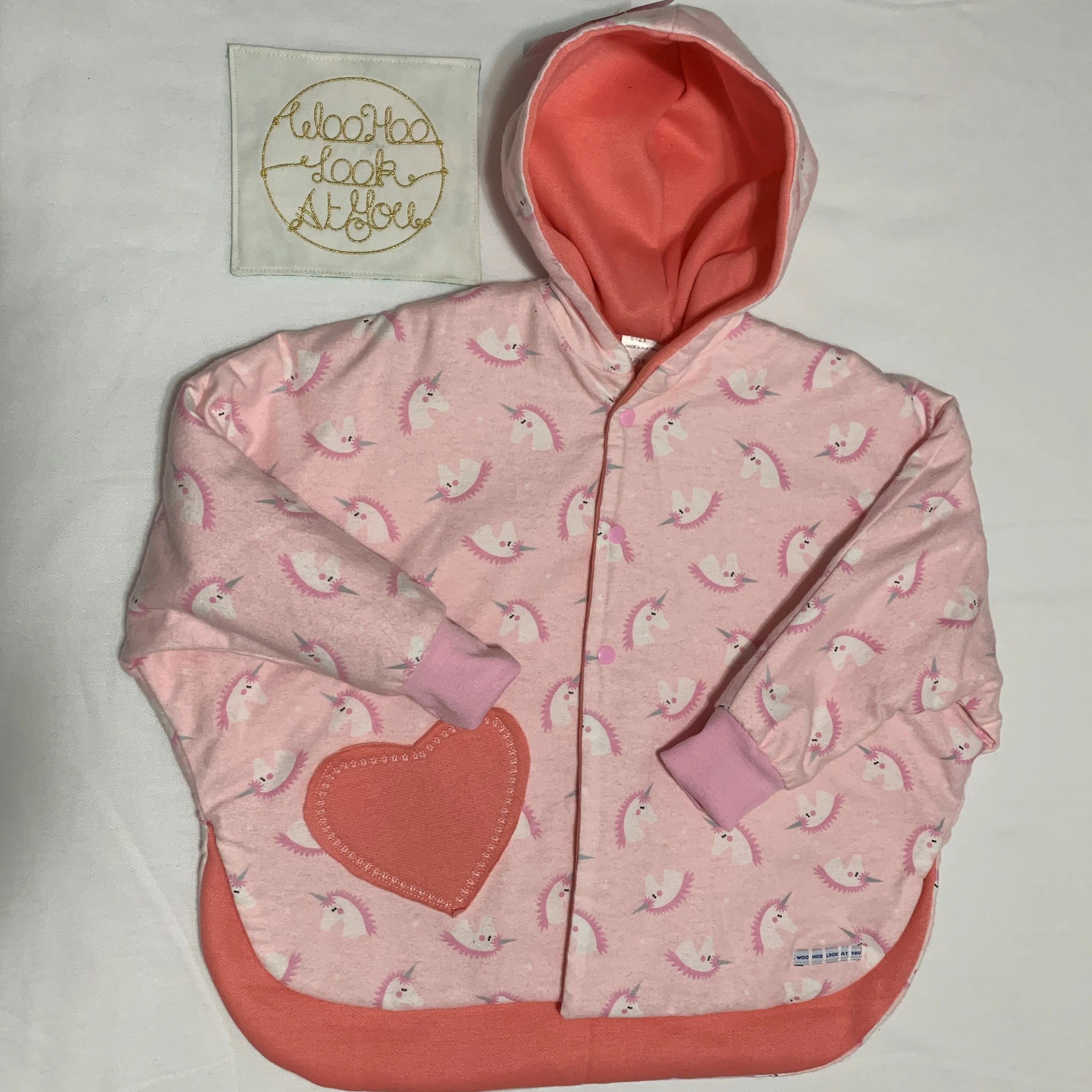 Coat - Poncho Coat/Jacket - Pink Lined, Unicorn Print, Hooded with Heart Shape Pocket and Pink Cuffs