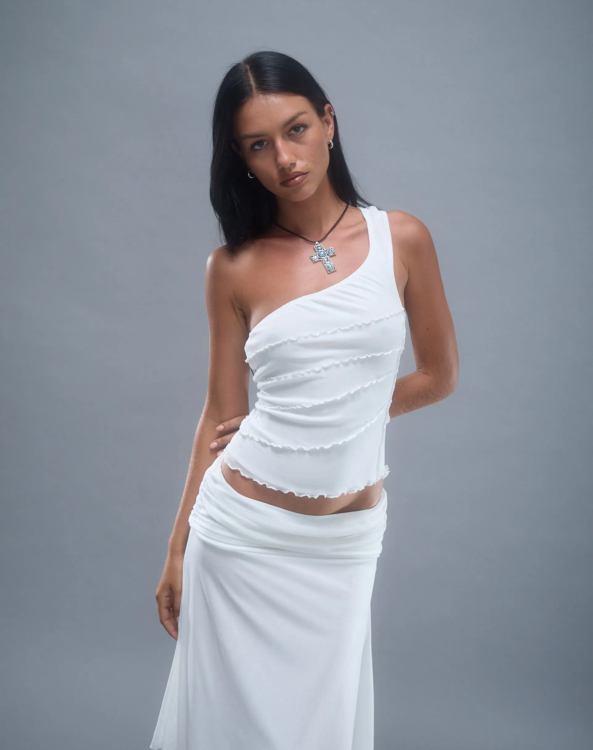 Cochise Seam Detail One Shoulder Mesh Top in Ivory