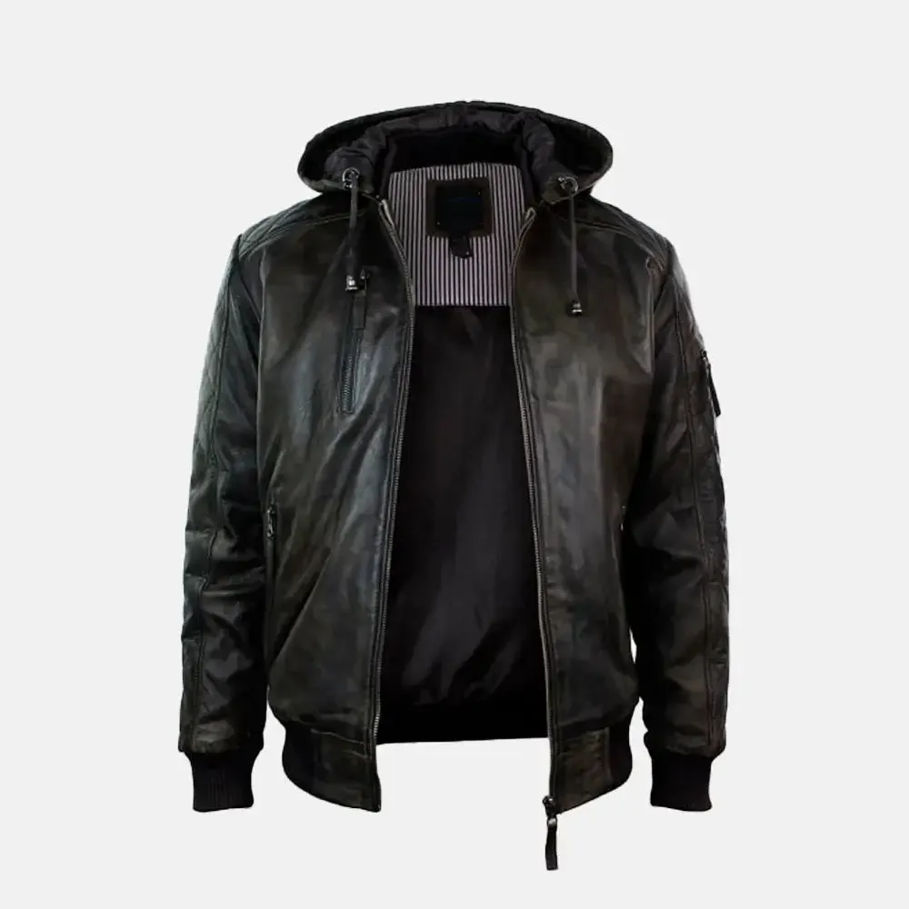 Cormac Leather Bomber Jacket With Removable Hood