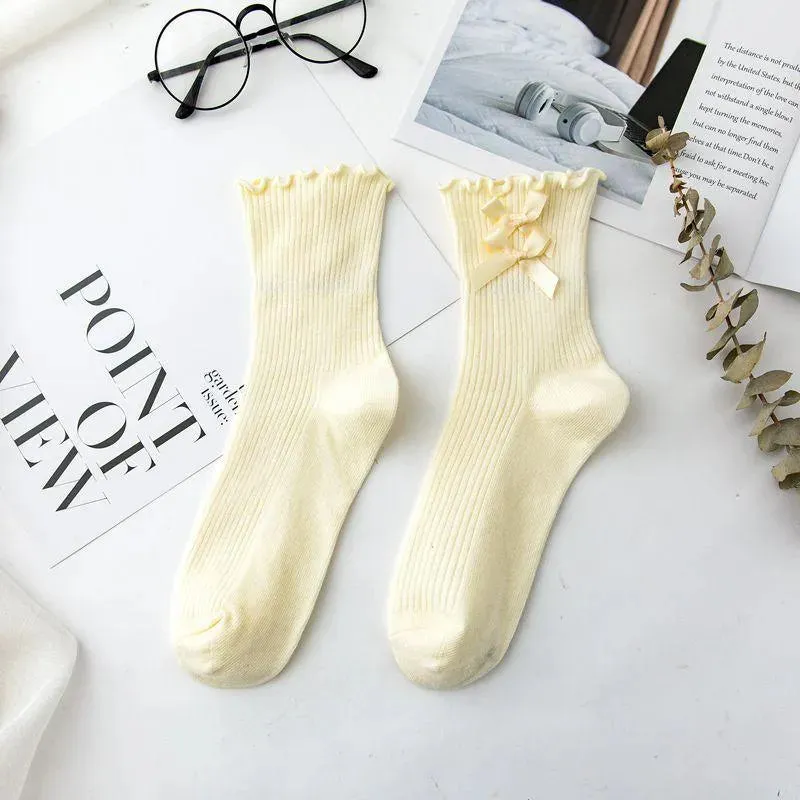 Cotton Lolita Socks | Frilly Crew Socks With Bowknot | Cute Socks