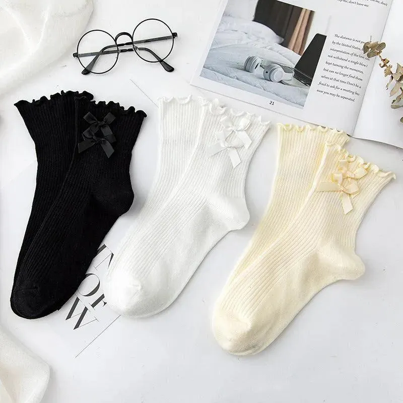 Cotton Lolita Socks | Frilly Crew Socks With Bowknot | Cute Socks