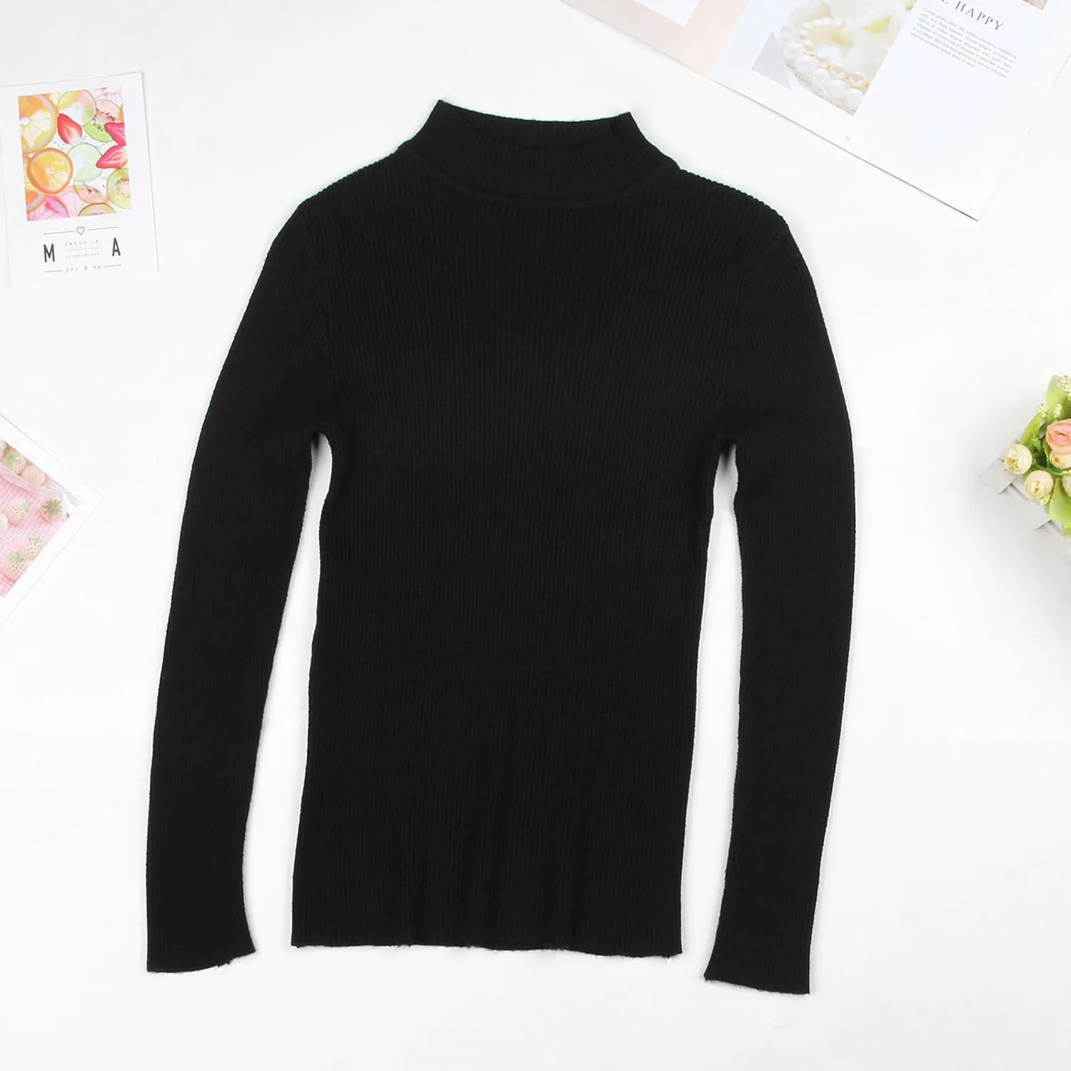 DeRuiLaDy 2019 Fall New Turtleneck Knitted Sweater For Women Slim Pullover Black Pink Sweaters Tops Female Winter Casual  Jumper