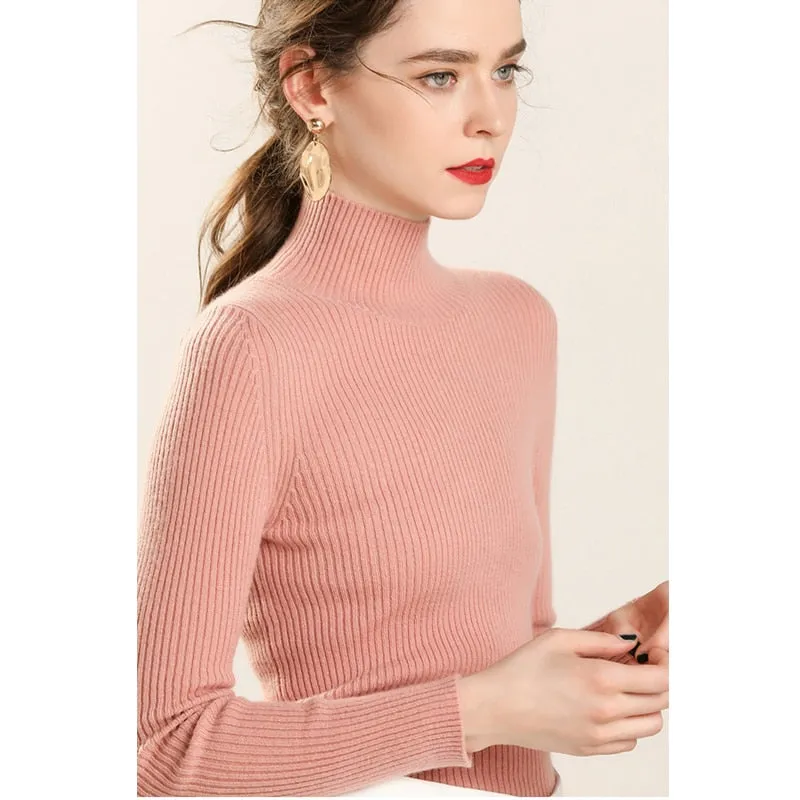 DeRuiLaDy 2019 Fall New Turtleneck Knitted Sweater For Women Slim Pullover Black Pink Sweaters Tops Female Winter Casual  Jumper