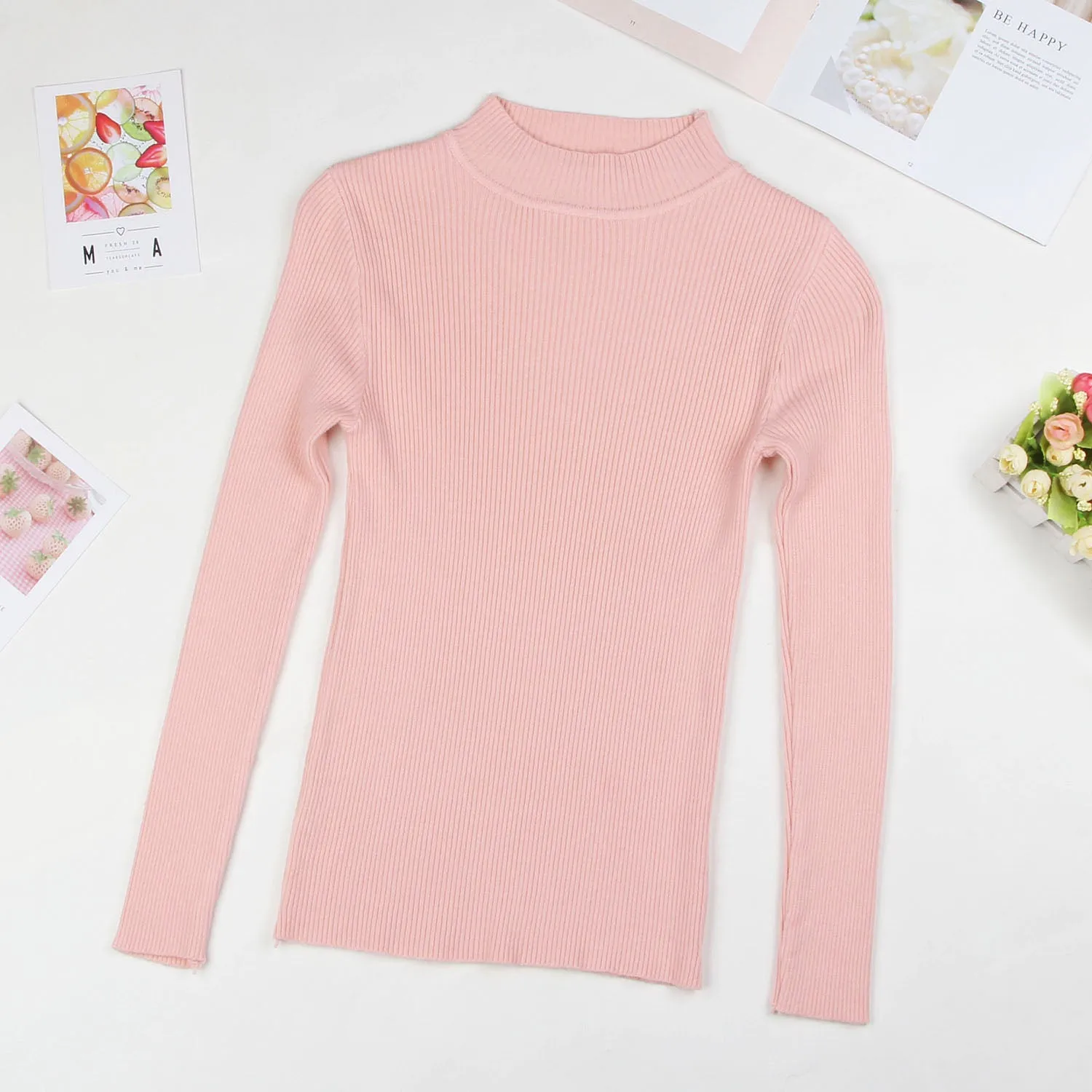 DeRuiLaDy 2019 Fall New Turtleneck Knitted Sweater For Women Slim Pullover Black Pink Sweaters Tops Female Winter Casual  Jumper