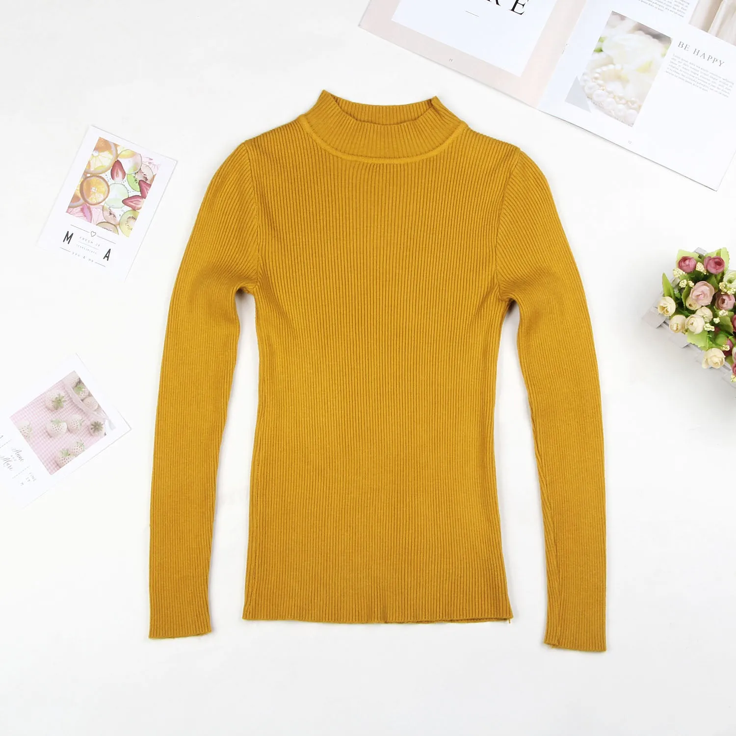 DeRuiLaDy 2019 Fall New Turtleneck Knitted Sweater For Women Slim Pullover Black Pink Sweaters Tops Female Winter Casual  Jumper