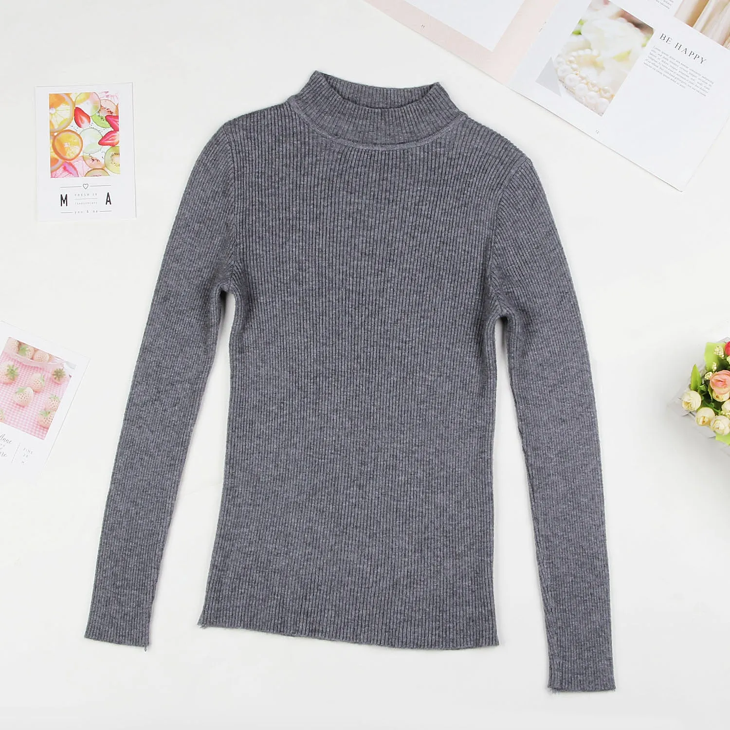 DeRuiLaDy 2019 Fall New Turtleneck Knitted Sweater For Women Slim Pullover Black Pink Sweaters Tops Female Winter Casual  Jumper