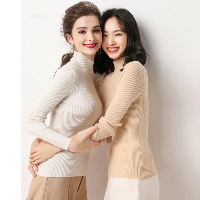 DeRuiLaDy 2019 Fall New Turtleneck Knitted Sweater For Women Slim Pullover Black Pink Sweaters Tops Female Winter Casual  Jumper