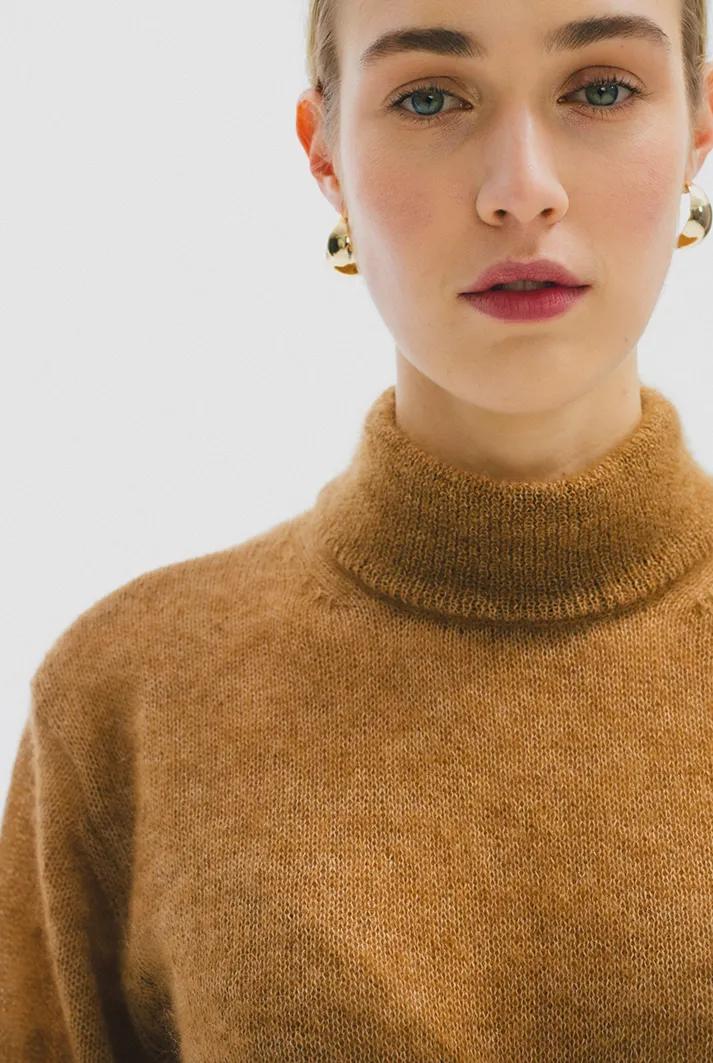 Draped Turtleneck Sweater | Camel