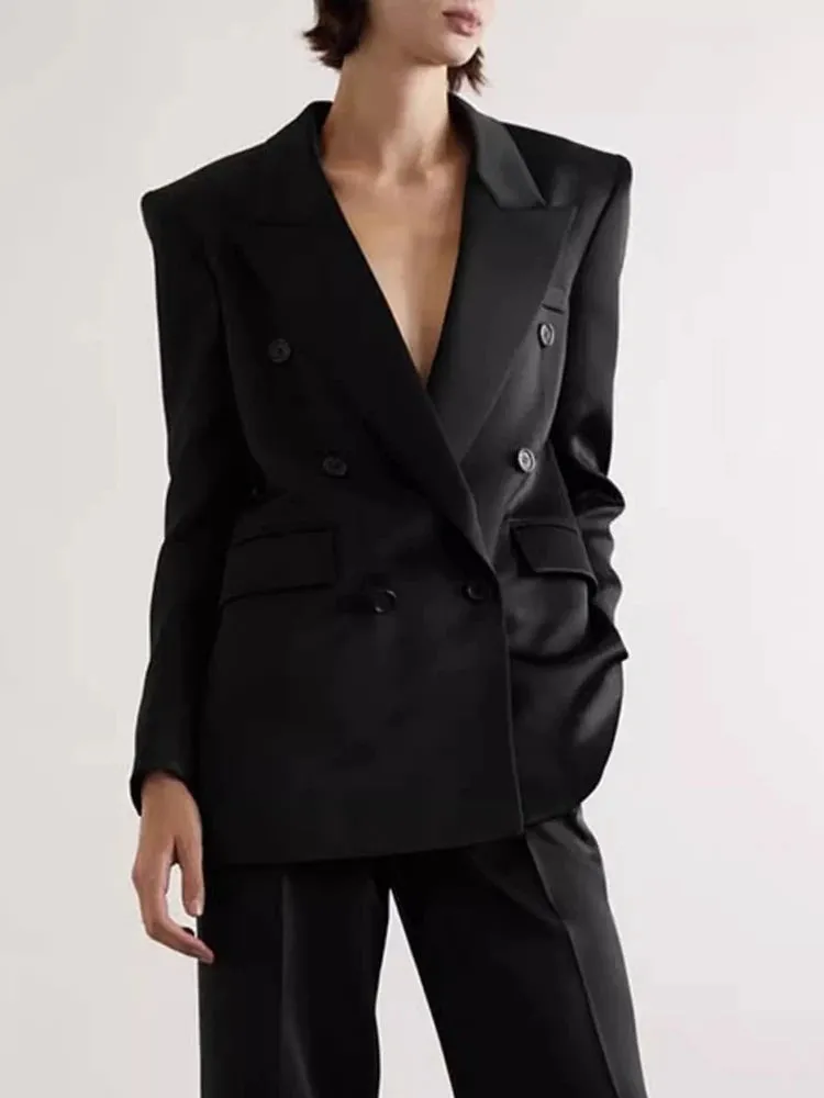 Elegant Patchwork Button Solid Blazers For Women Notched Collar Long Sleeve Spliced Pockets Minimalist Slimming Coat Female