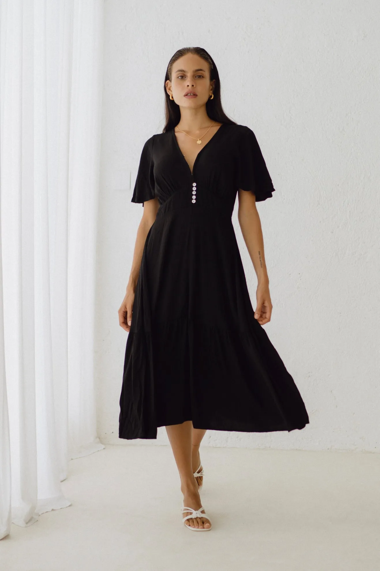 Elle Black Flared Sleeve Midi Dress