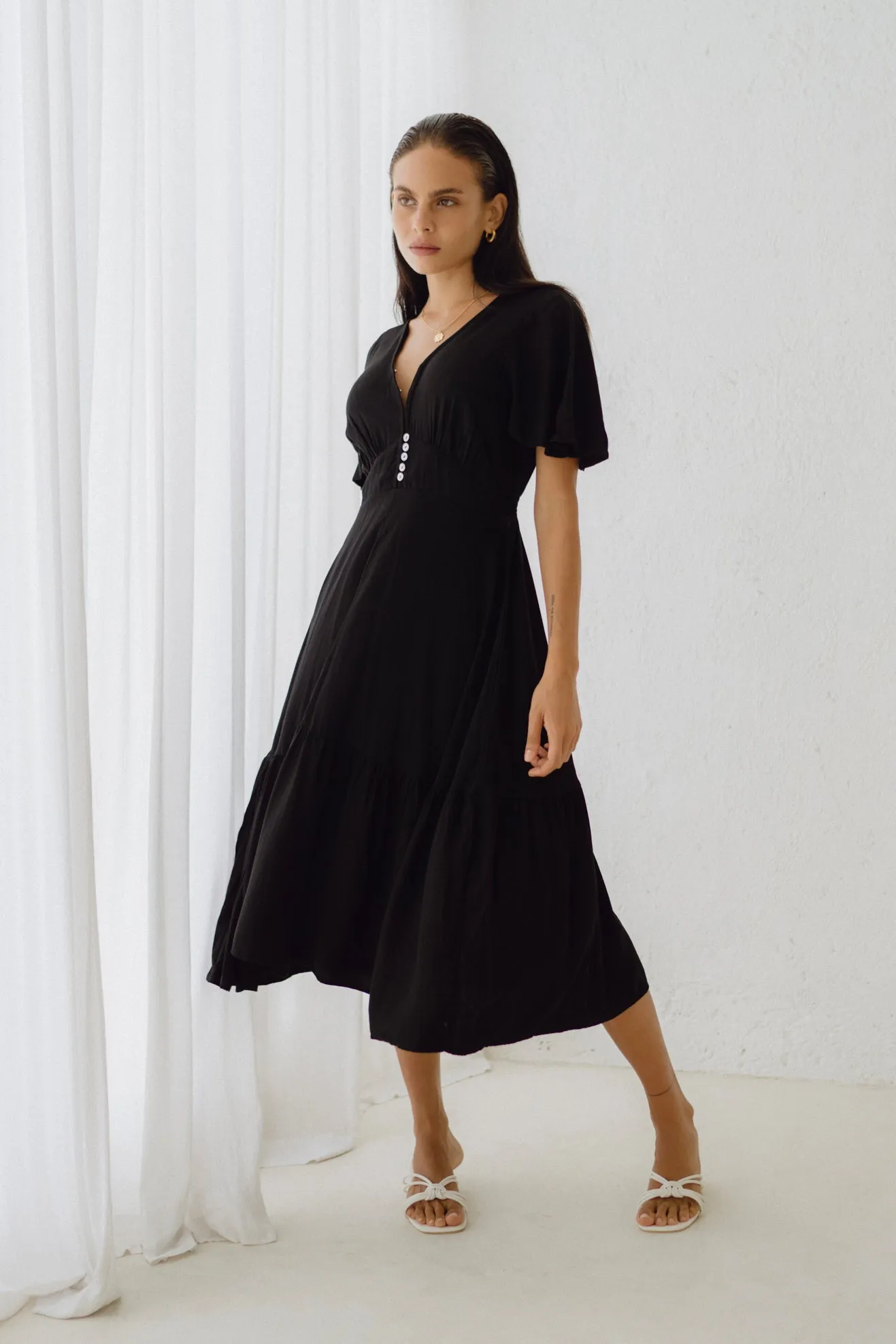 Elle Black Flared Sleeve Midi Dress