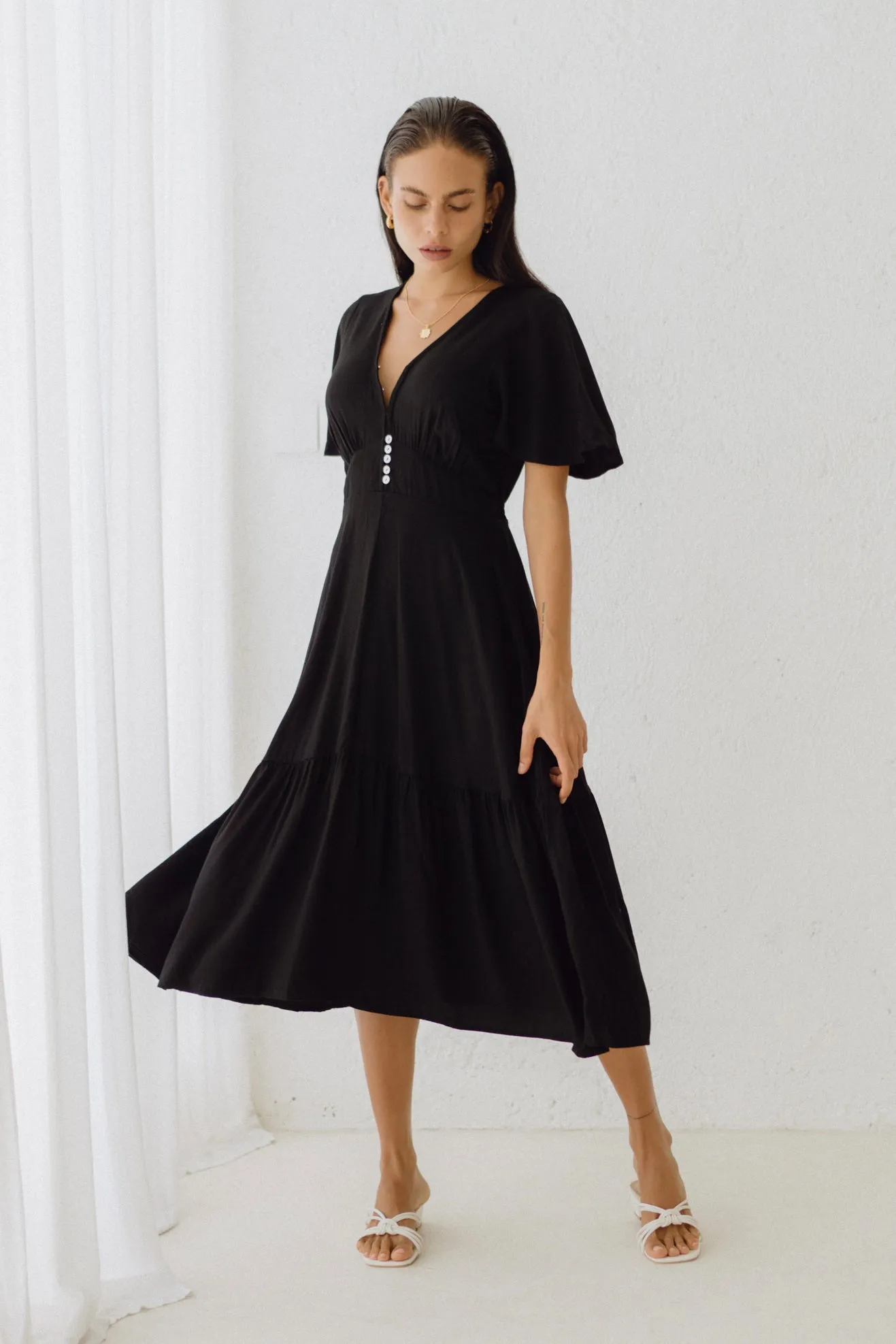 Elle Black Flared Sleeve Midi Dress