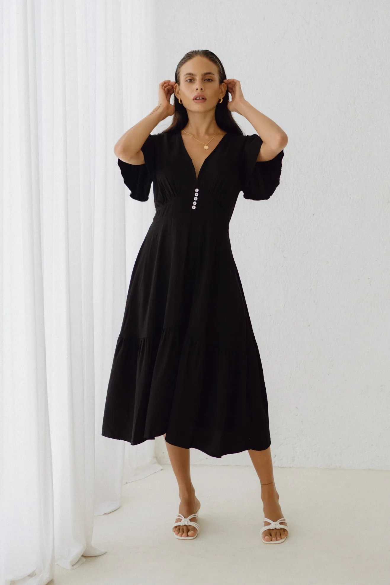 Elle Black Flared Sleeve Midi Dress