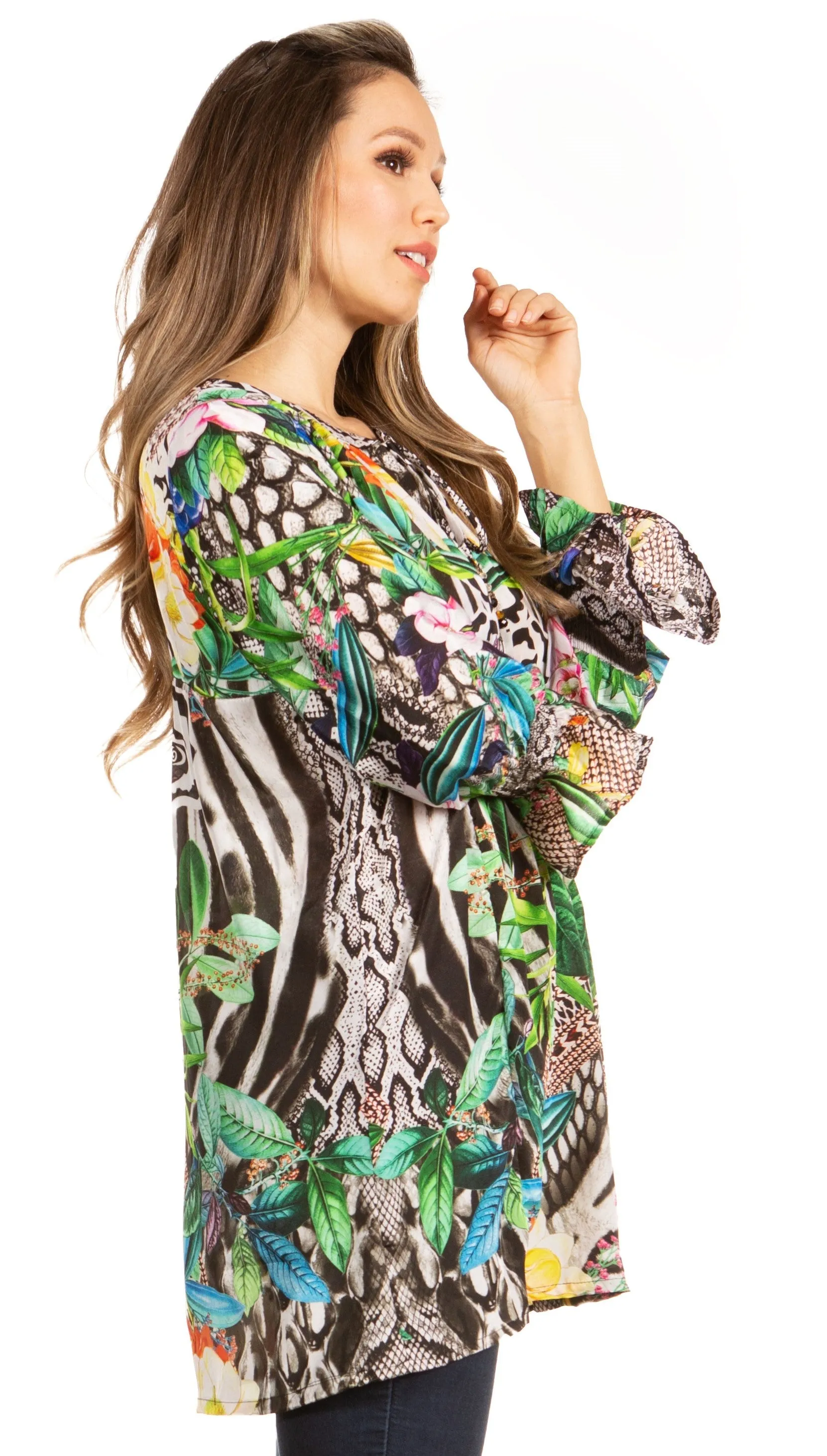 Elvira Floral Tunic Blouse - Women's Loose Swing Top with Long Sleeves and Scoop Neck by Sakkas