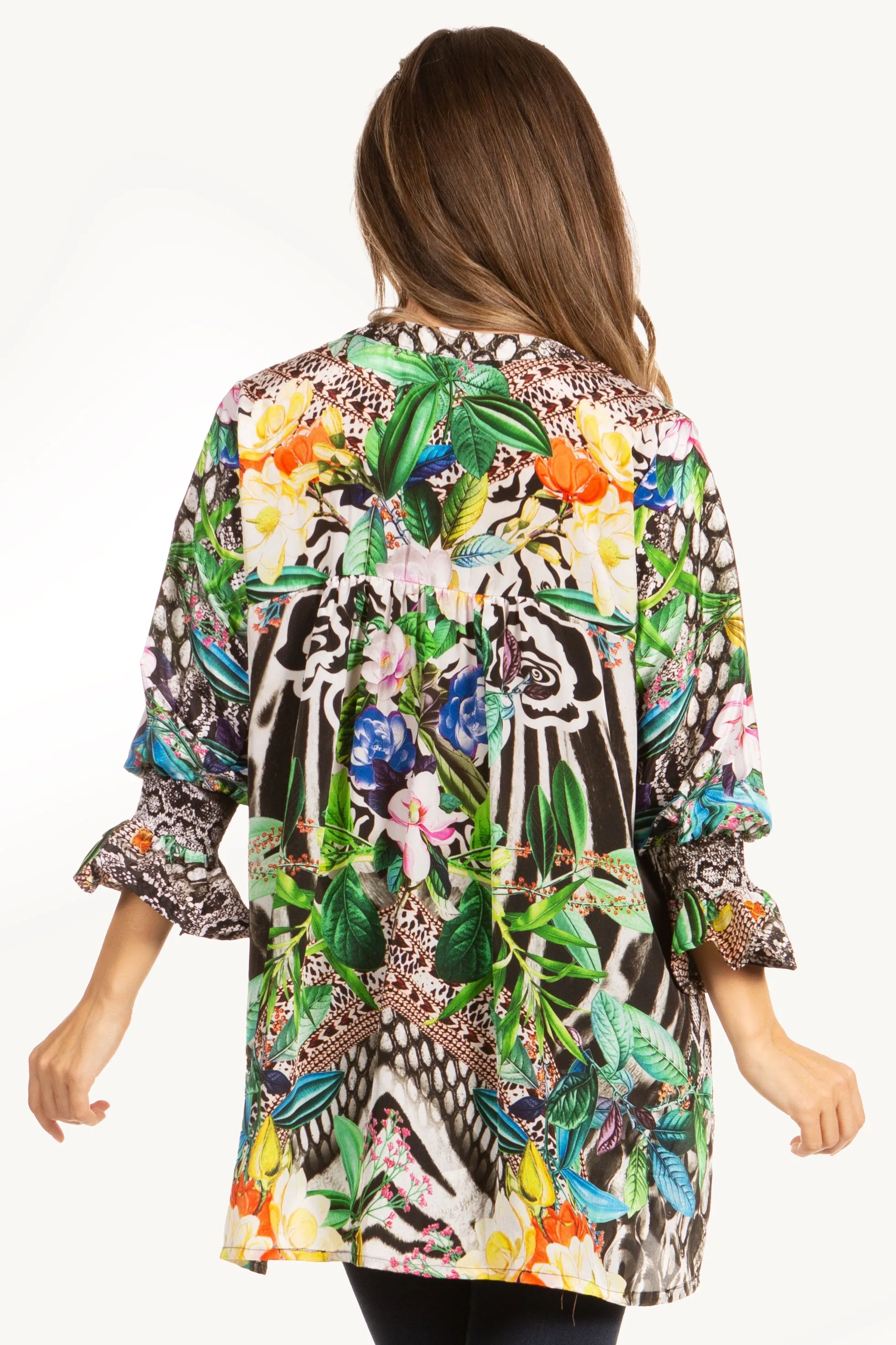 Elvira Floral Tunic Blouse - Women's Loose Swing Top with Long Sleeves and Scoop Neck by Sakkas