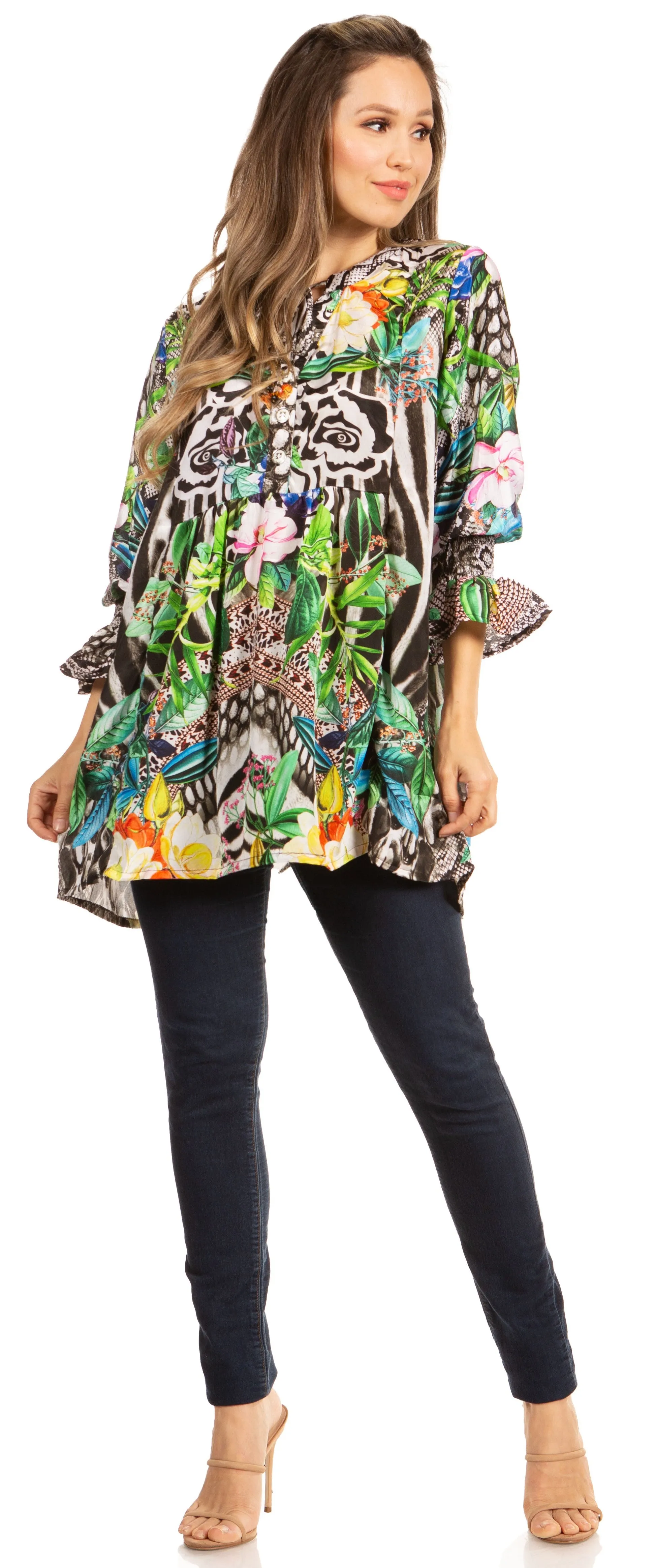 Elvira Floral Tunic Blouse - Women's Loose Swing Top with Long Sleeves and Scoop Neck by Sakkas