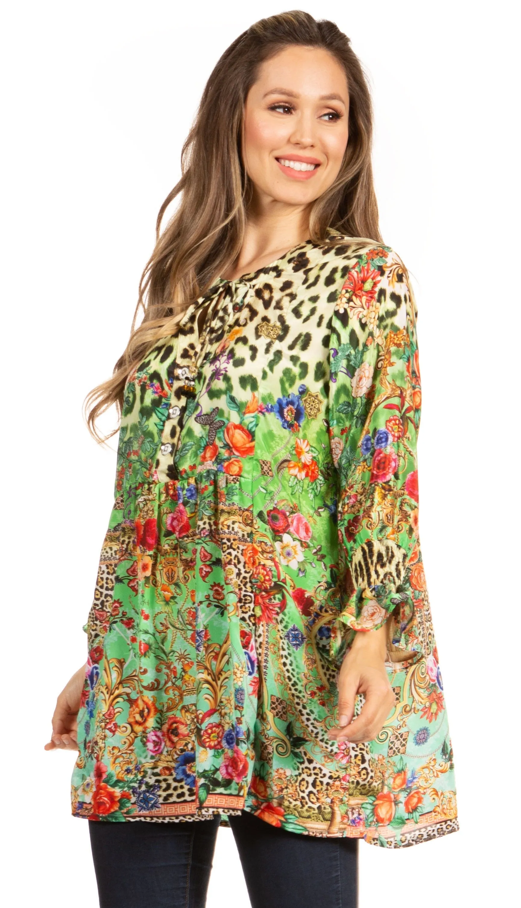 Elvira Floral Tunic Blouse - Women's Loose Swing Top with Long Sleeves and Scoop Neck by Sakkas