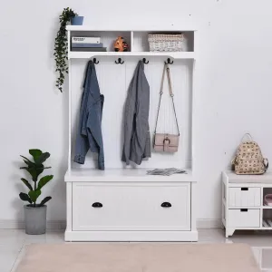 Entryway Coat and Shoe Hall Tree with Storage Cupboard Bench in White