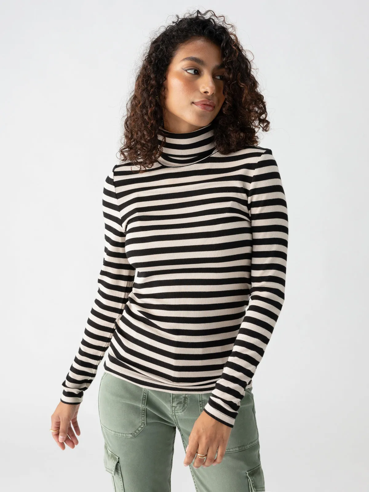 Essential Turtleneck Top Toasted Almond Black Mini Stripe