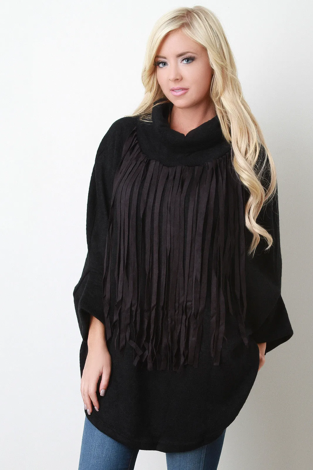 Fringe Turtleneck Round Hem Poncho Sweater