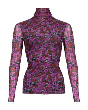 Ganni Floral Print Mesh Sleeve Turtleneck