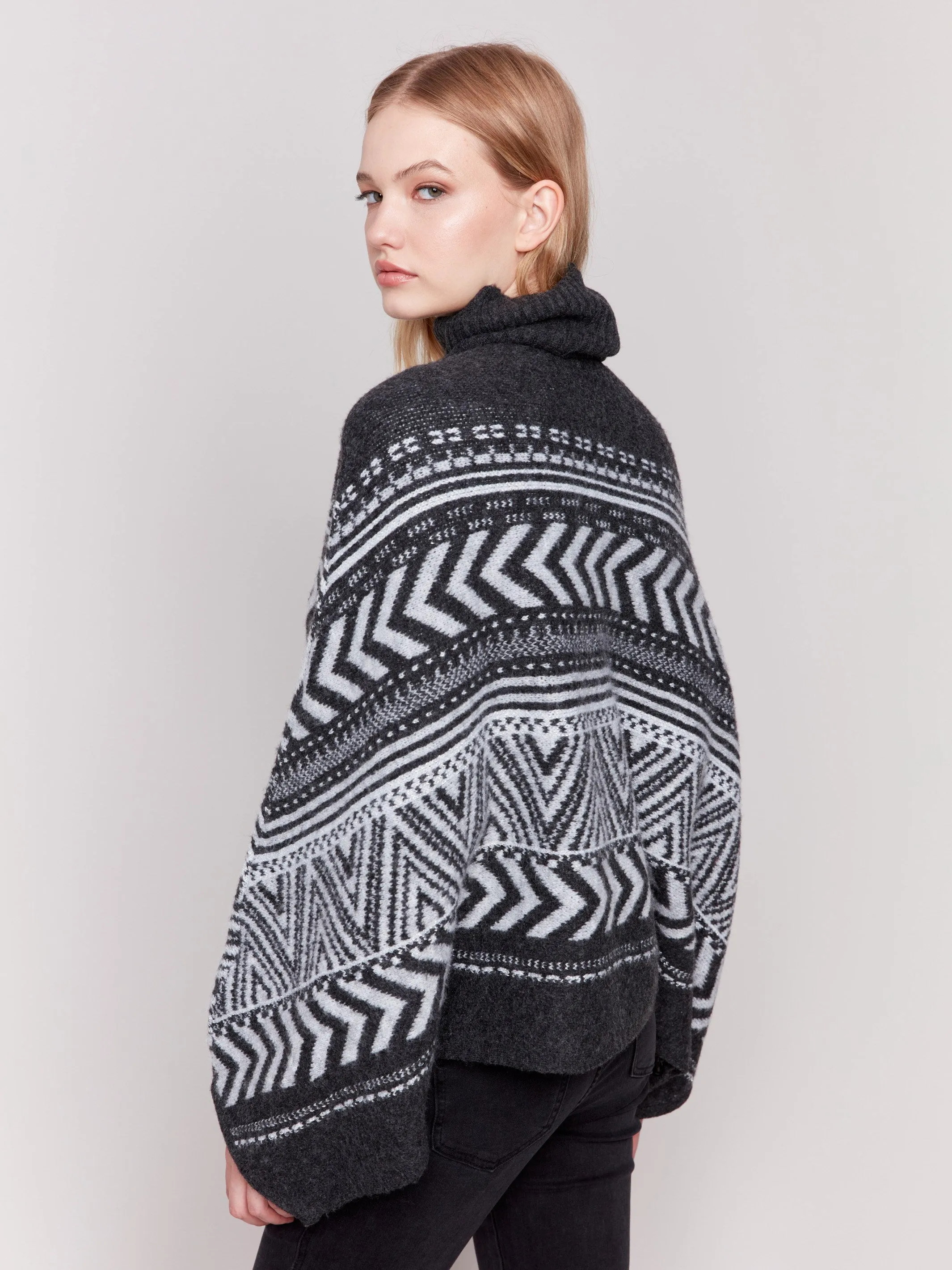 Geometric Jacquard Poncho with Buttoned Sleeves - Charcoal