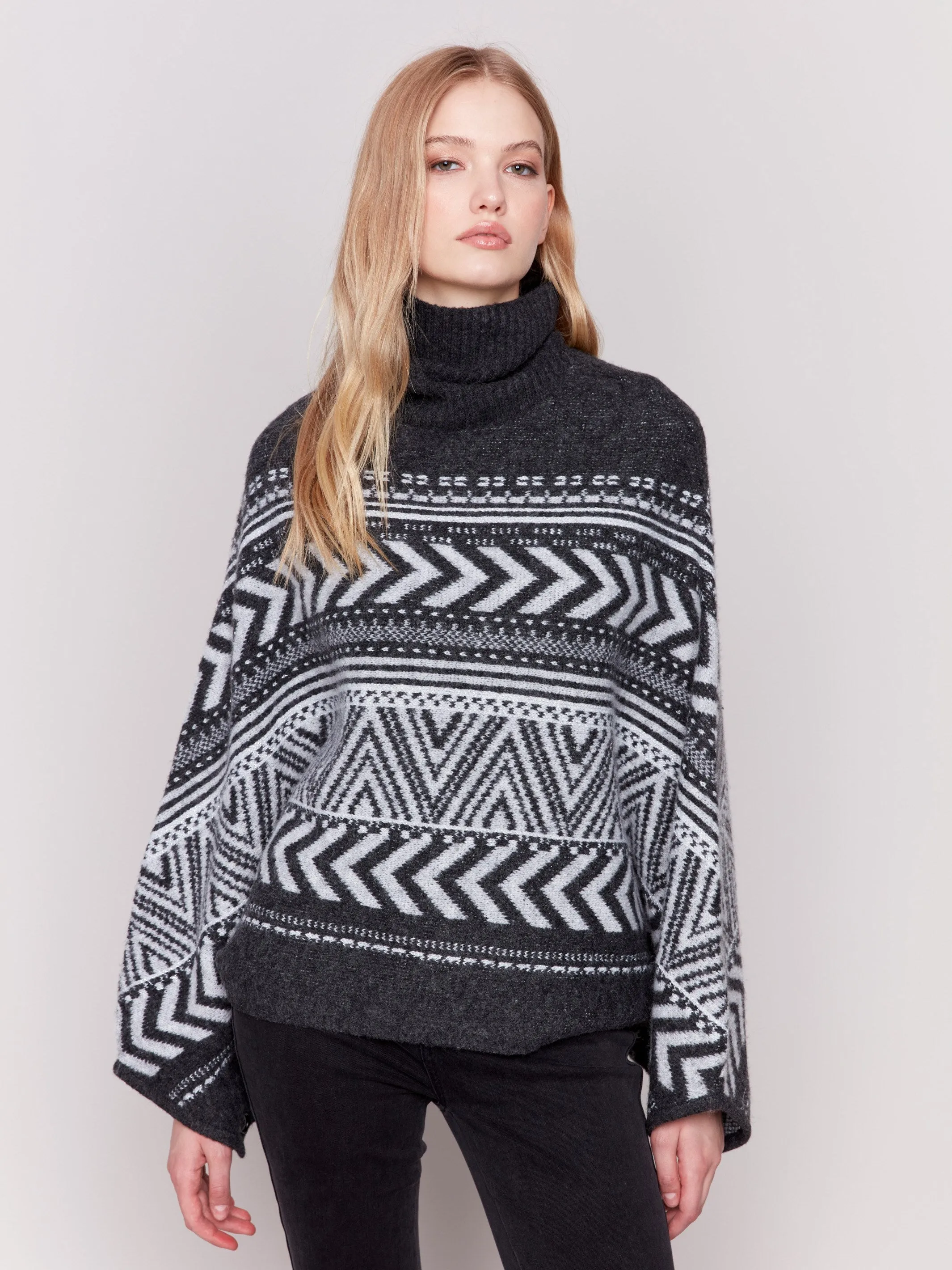 Geometric Jacquard Poncho with Buttoned Sleeves - Charcoal