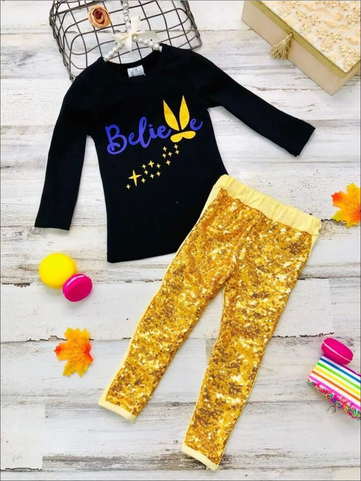 Girls "Believe" Bunny Long Sleeve Tunic & Sequin Leggings Set