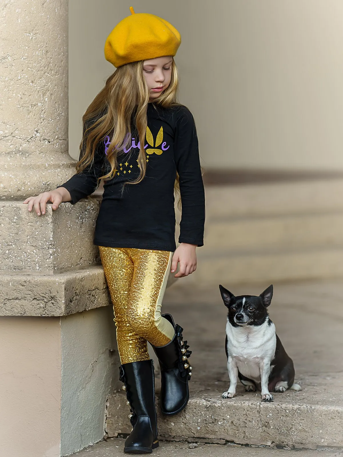 Girls "Believe" Bunny Long Sleeve Tunic & Sequin Leggings Set