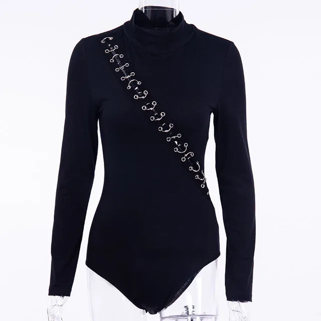 Gothic Bodysuit Iron Ring Patchwork Turtleneck Long Sleeve