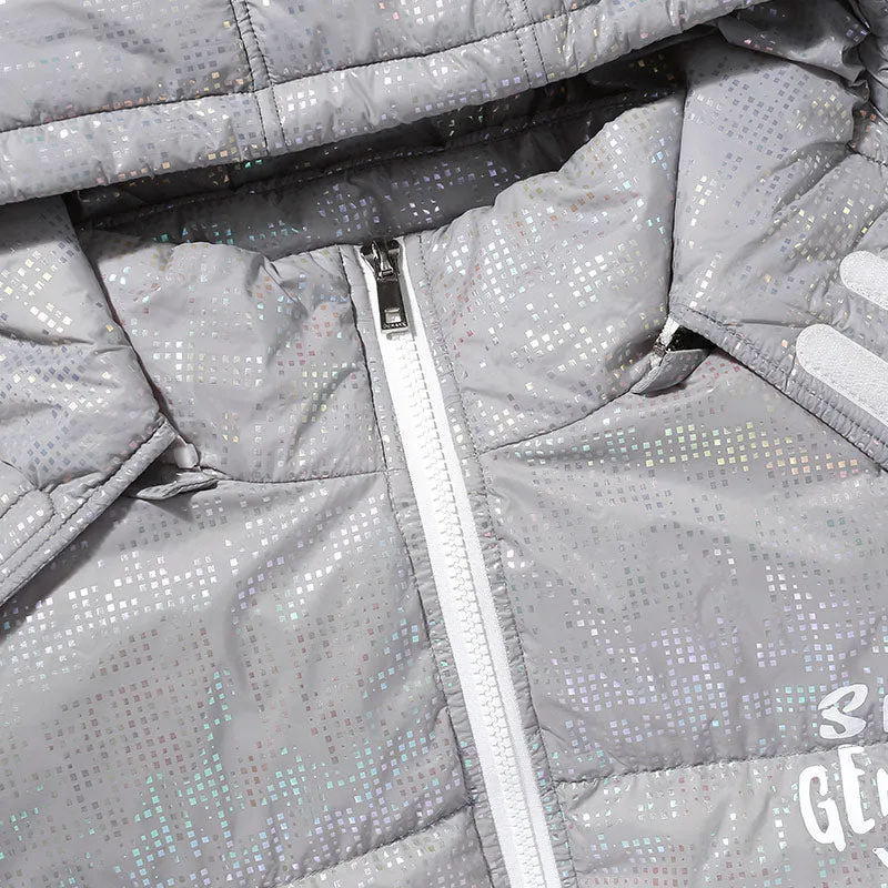 Gray Casual Letter Print Removable Hooded Down Jacket