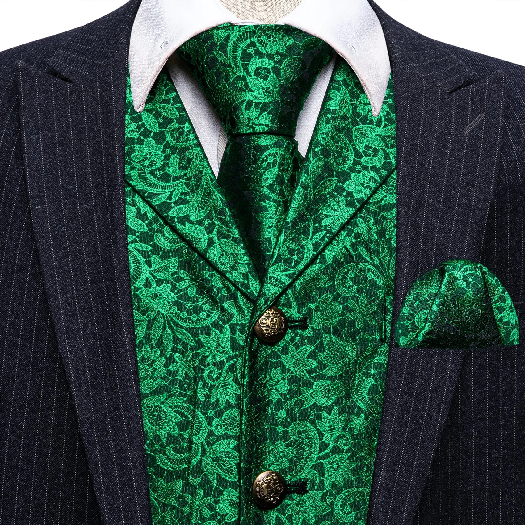 Green Paisley Metal Button Jacquard Silk Men's Vest Hanky Cufflinks Tie Set