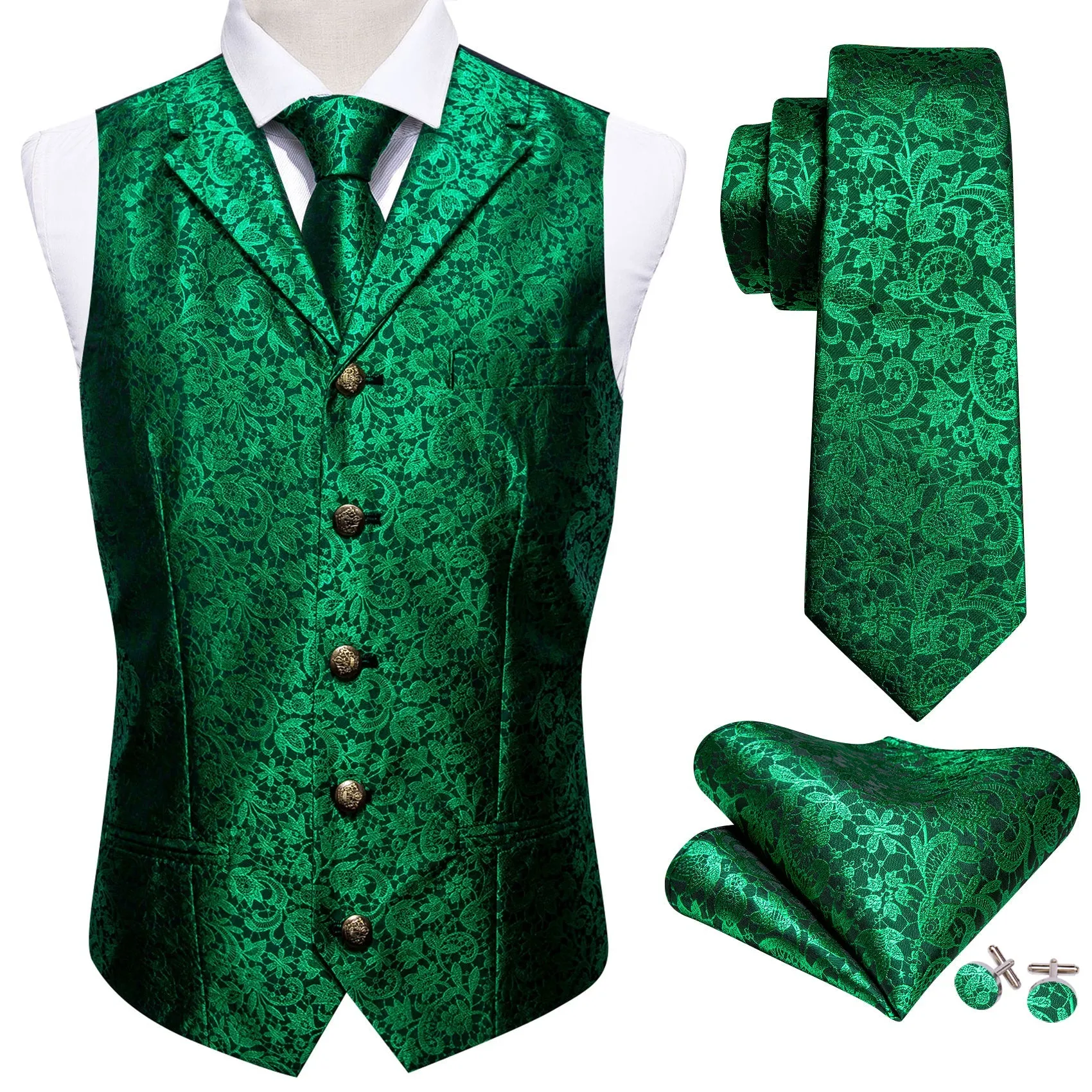 Green Paisley Metal Button Jacquard Silk Men's Vest Hanky Cufflinks Tie Set