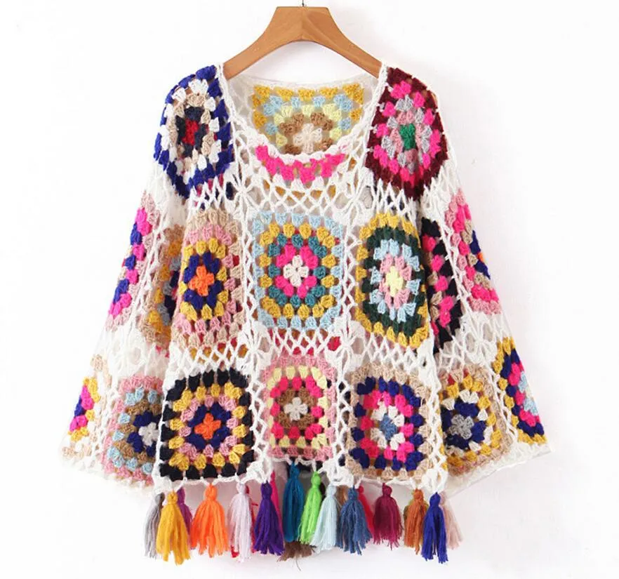 Hand Crochet Tassel Poncho Jumper