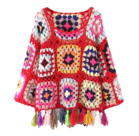 Hand Crochet Tassel Poncho Jumper