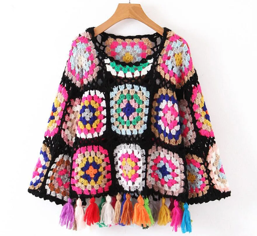 Hand Crochet Tassel Poncho Jumper