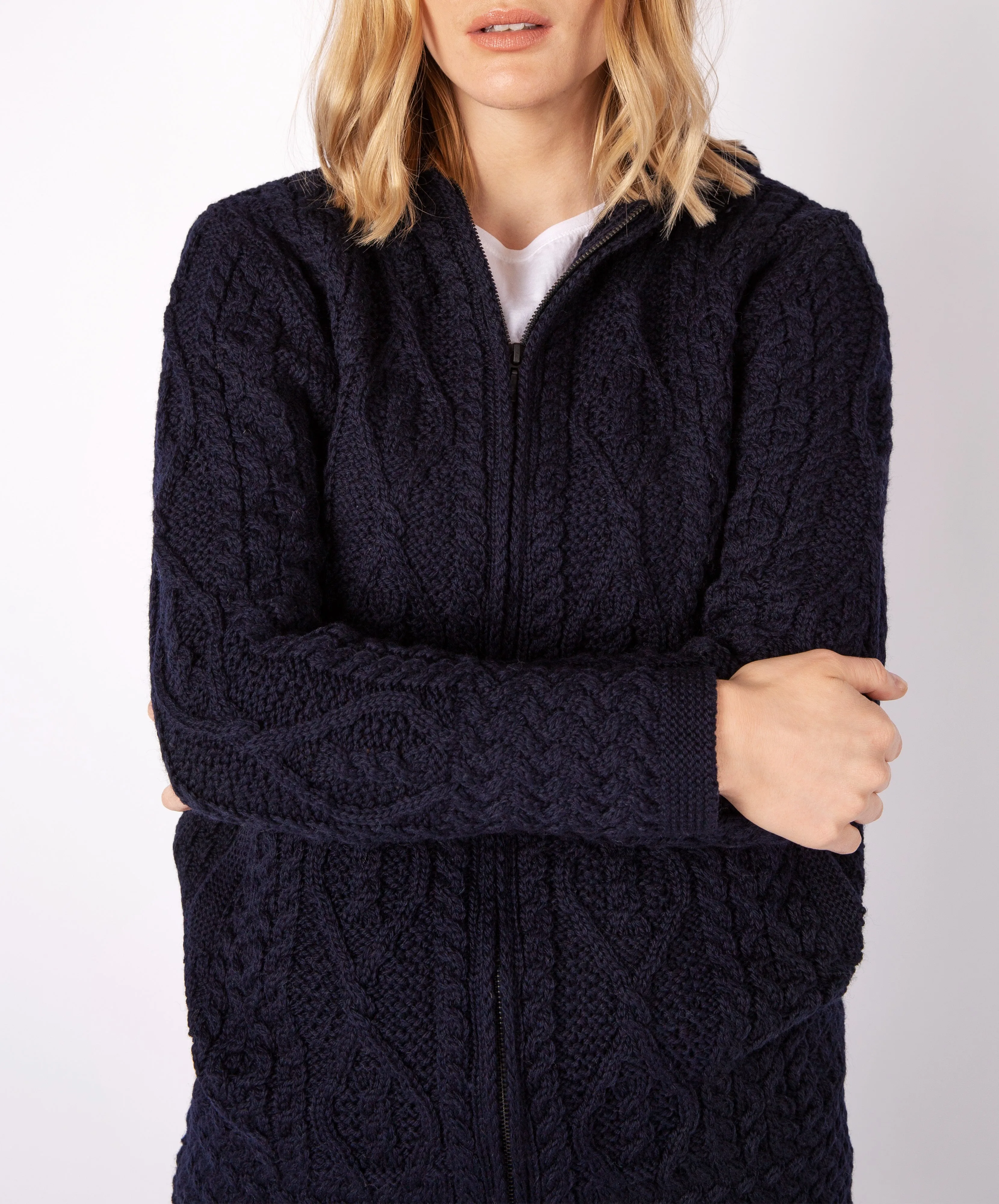 Hazel Aran Zipped Hooded Coat Navy