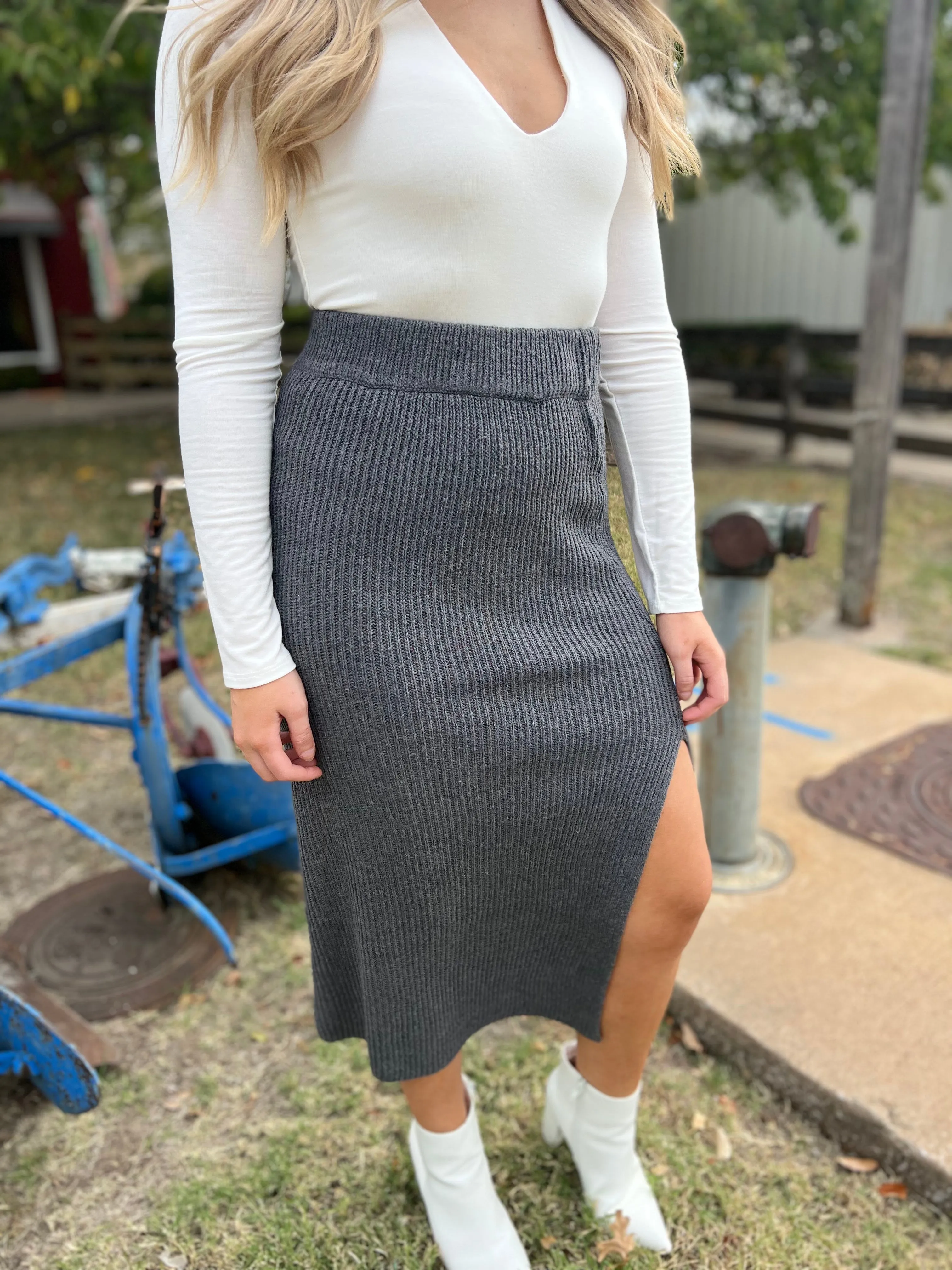 Hear Me Now Ribbed Knit Midi Skirt