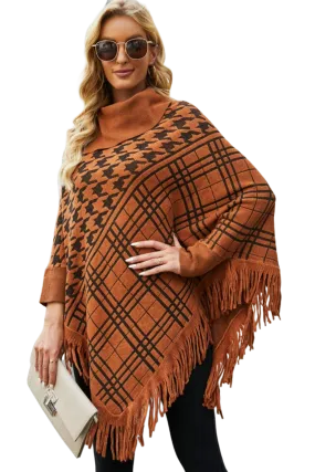 Houndstooth Turtleneck Fringe Hem Poncho