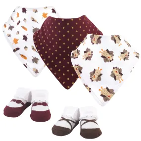 Hudson Baby Cotton Bib and Sock Set, Girl Turkey