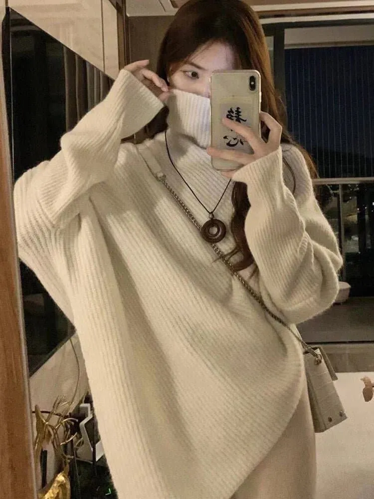 Irregular Turtleneck Sweater in Solid Color - Long Sleeves and Loose Fit