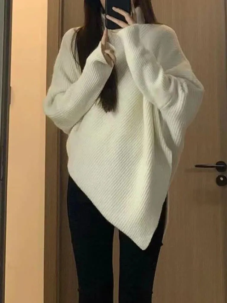 Irregular Turtleneck Sweater in Solid Color - Long Sleeves and Loose Fit