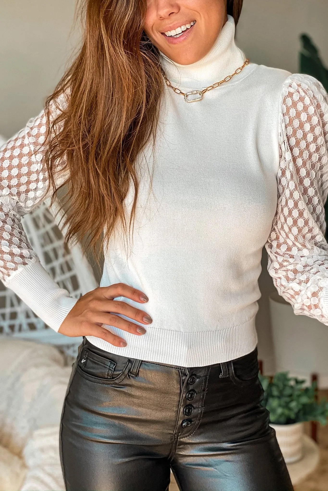 Ivory Turtleneck Top With Mesh Sleeve Detail