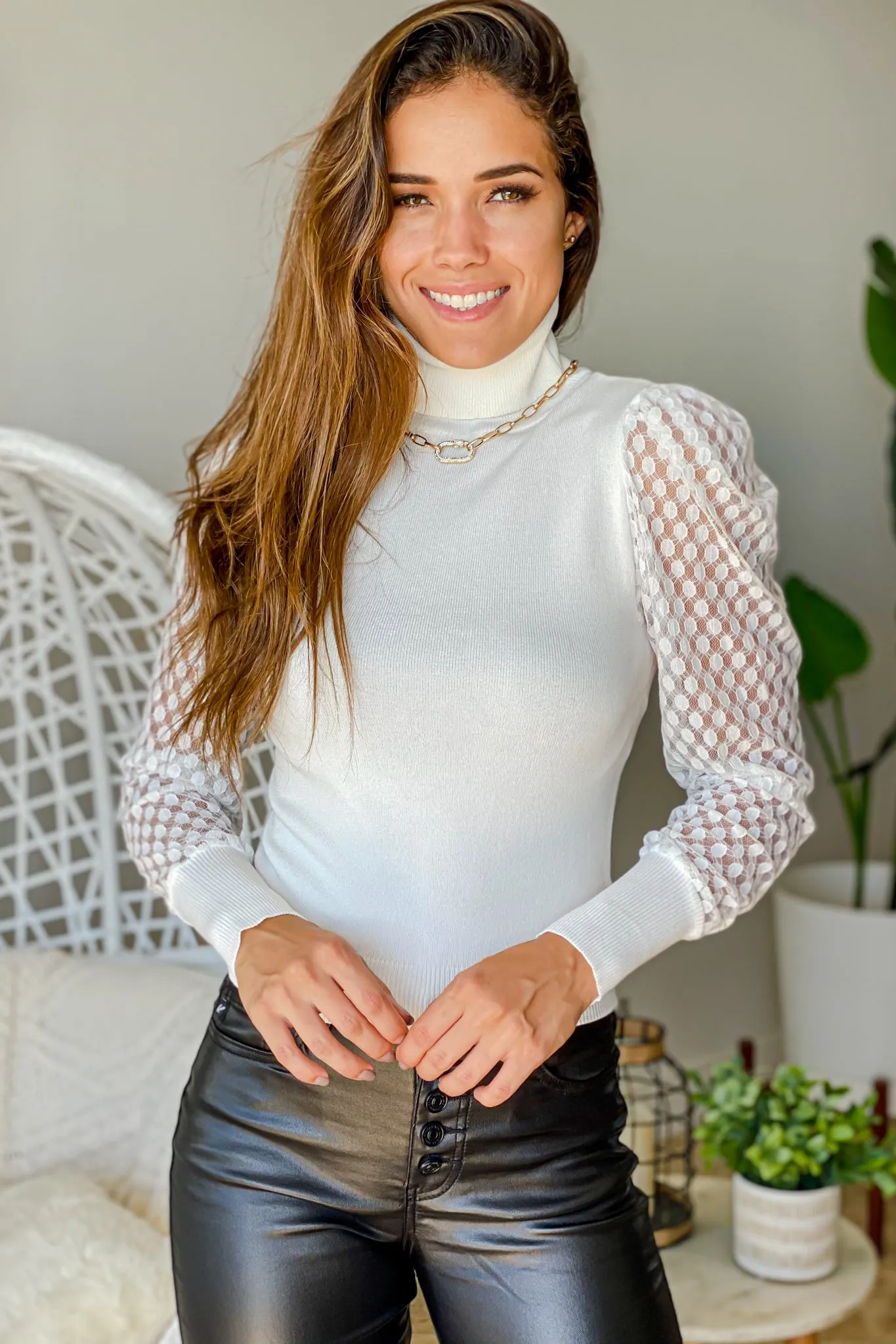 Ivory Turtleneck Top With Mesh Sleeve Detail