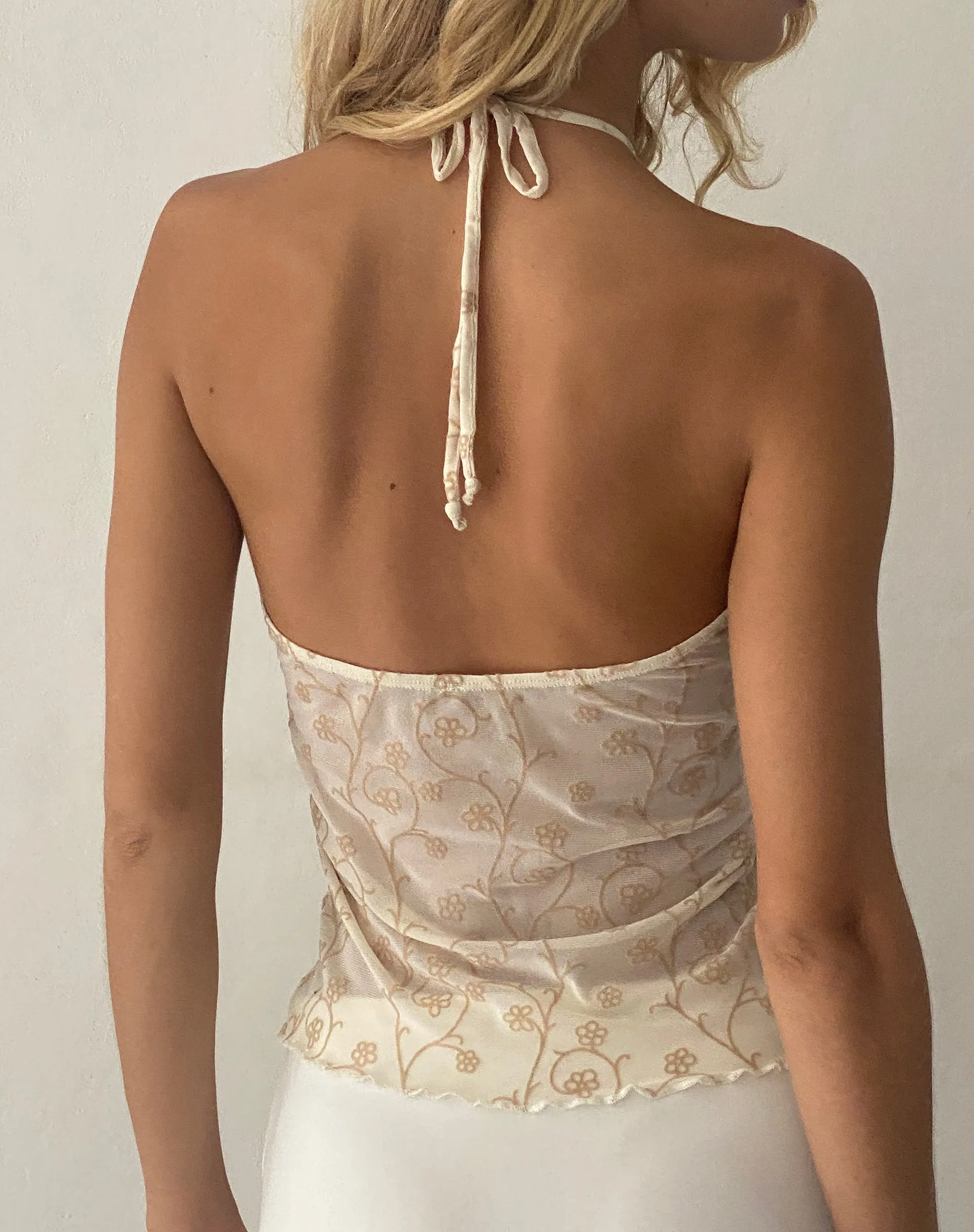 Janar Halterneck Top in Beige Dainty Floral Flock