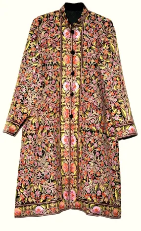 Kashmiri "Jamawar" Coat Woolen Long Jacket Black, Multicolor Embroidery #JM-115