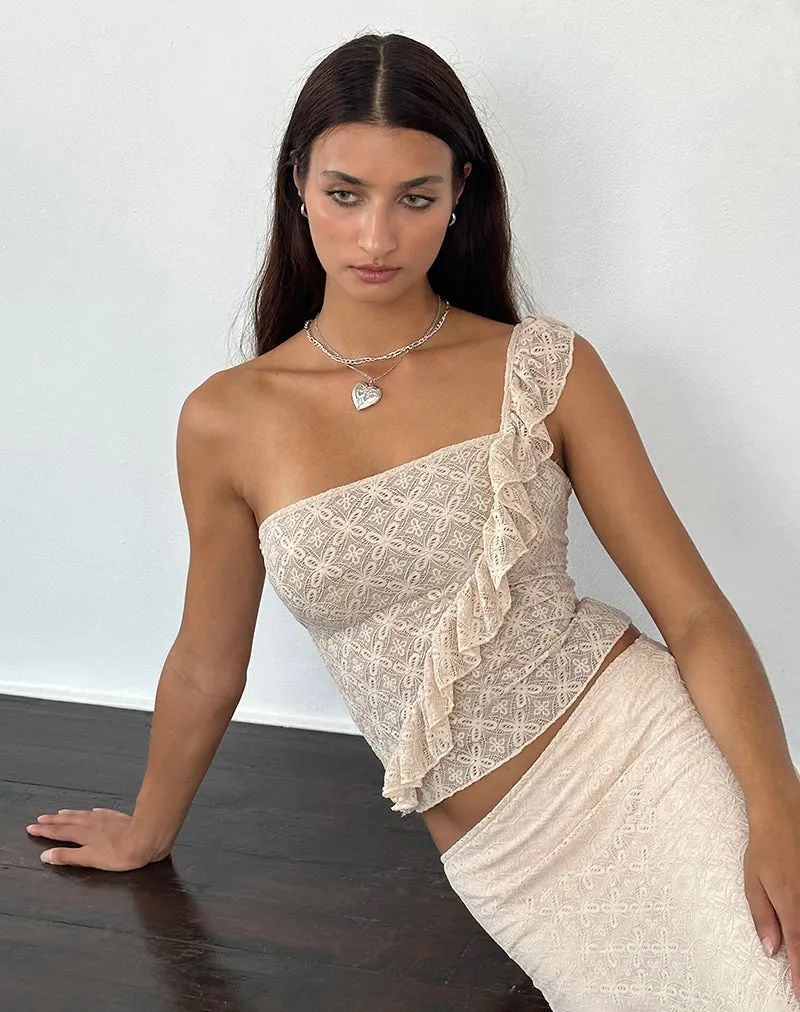 Kezia Bandeau Frill Top in Textured Nude Lace