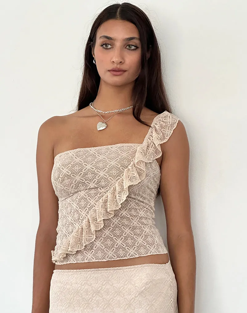 Kezia Bandeau Frill Top in Textured Nude Lace