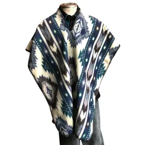 Kid's Native Pattern Fleece Western Poncho in Blue & White