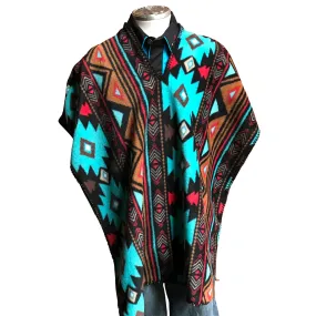 Kid's Native Pattern Fleece Western Poncho in Brown & Turquoise